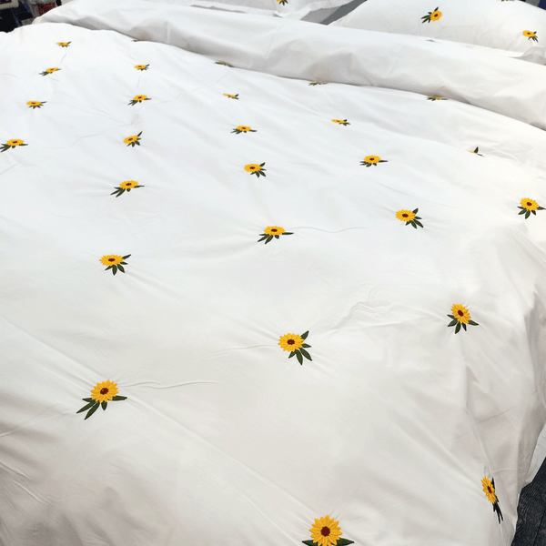 Percale Cotton, Sunflower Embroidered Duvet Cover Set