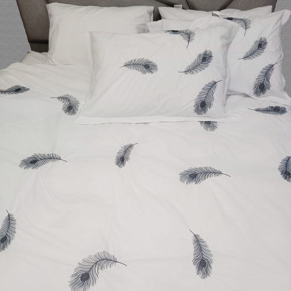 Percale Cotton, Feathers Embroidered Duvet Cover Set