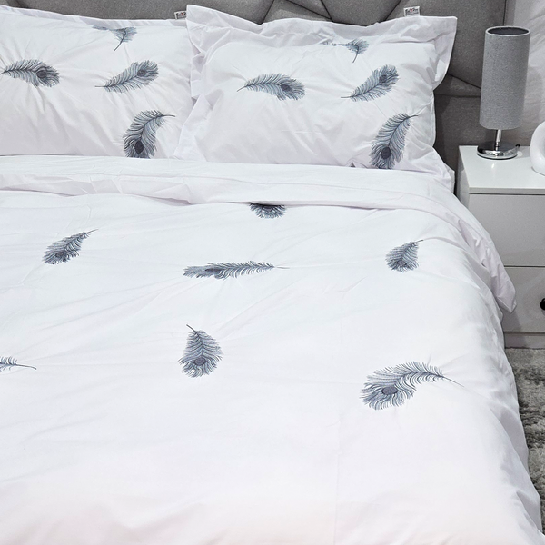 Percale Cotton, Feathers Embroidered Duvet Cover Set