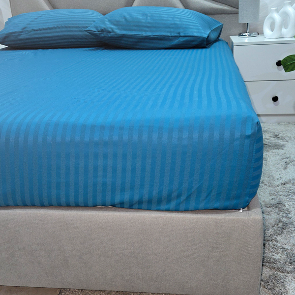 Fitted bed sheet set, Satin, Stripe - Blue